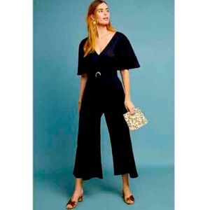ett twa for Anthropologie Black V Neck Belted Flutter Sleeve Margaret Jumpsuit